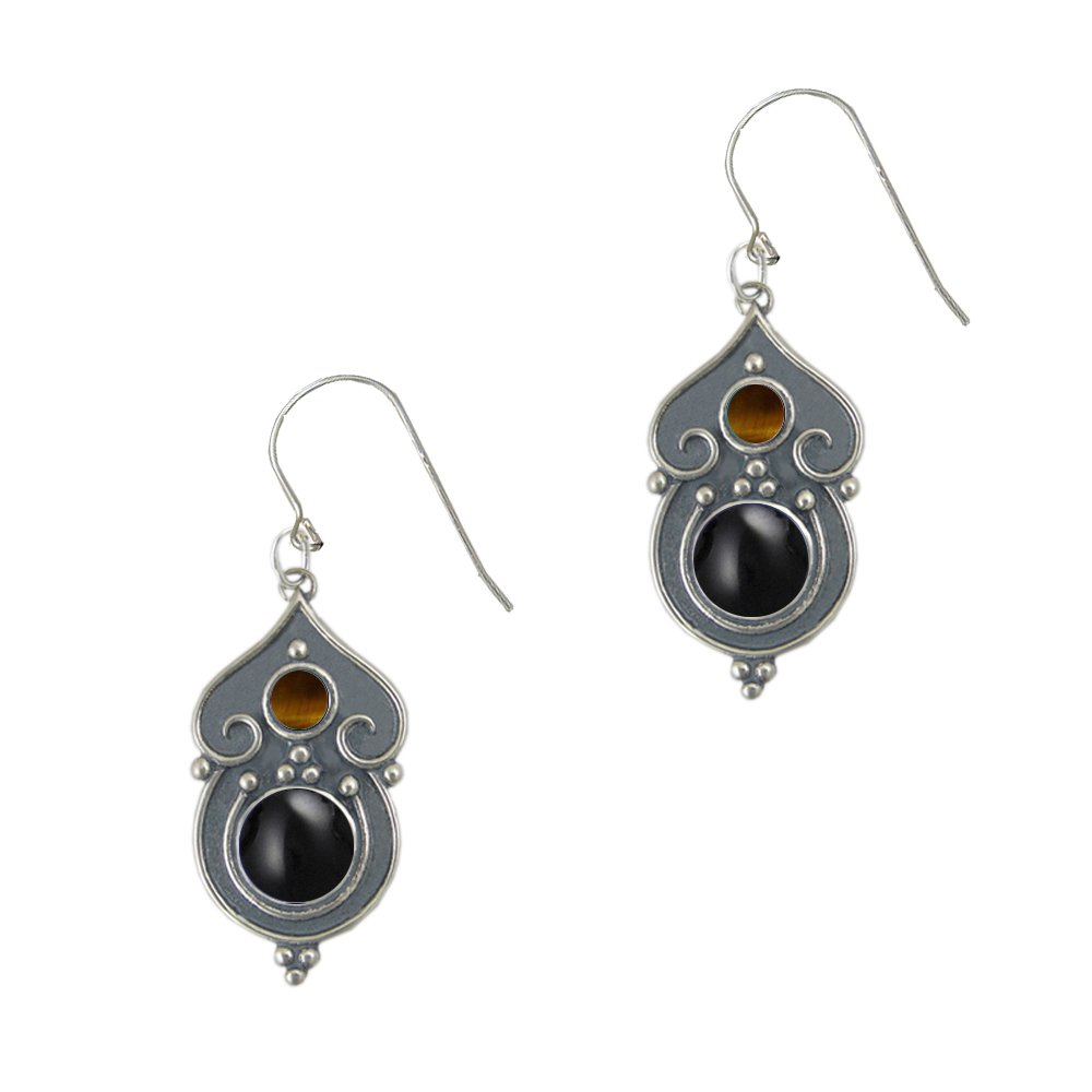 Sterling Silver Gothic Inspired Drop Dangle Earrings With Black Onyx And Tiger Eye